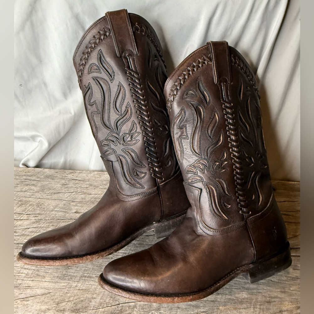 FRYE 76595 Wyatt Overlay Antiqued Leather Cowboy Western Womens Boots Size 8
